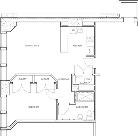 Floor plan for 1 bed, 1 bath, 750 sqft